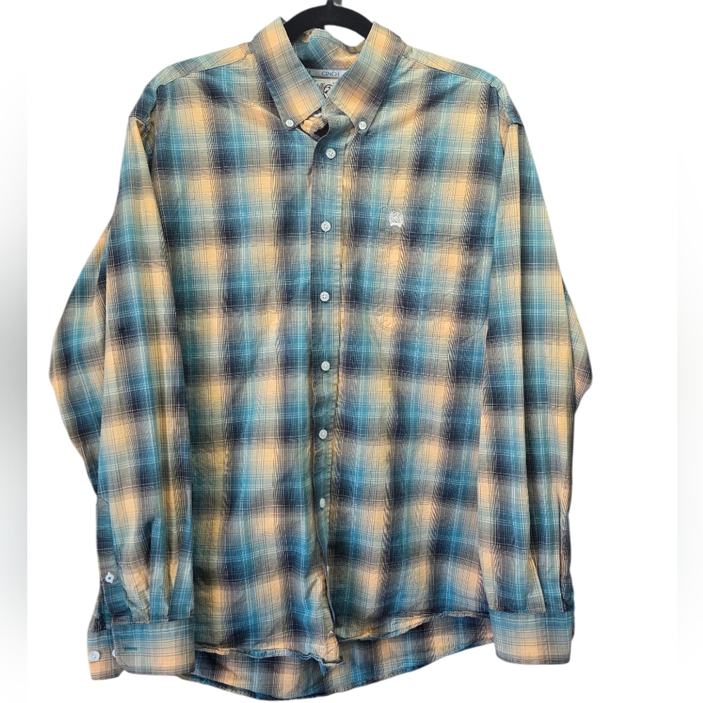 Cinch‎ Medium 100% Cotton Plaid Button Down Shirt Green Teal Western Rodeo Ranch